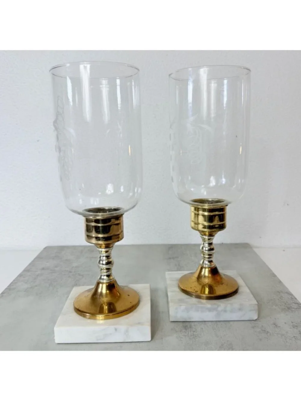 Vintage Italian Hurricane Candle Holder Set of 2 Brass Marble Etched Glass Pair
